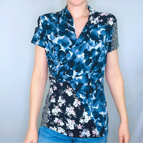 DKNY Floral Blouse Ruched Short Sleeve Printed Wrap Workwear Colorful Marble